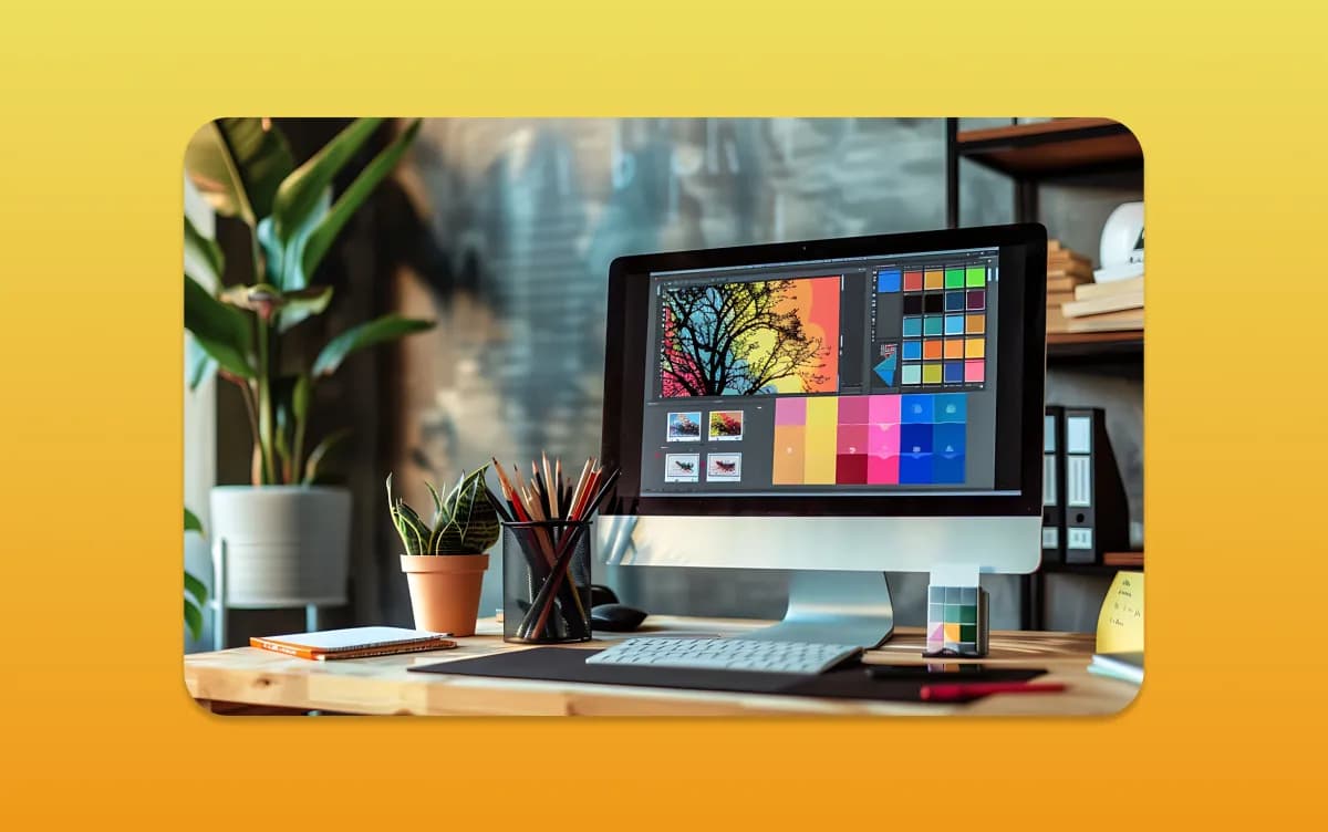 Desktop design software displaying colour palettes and visual artwork